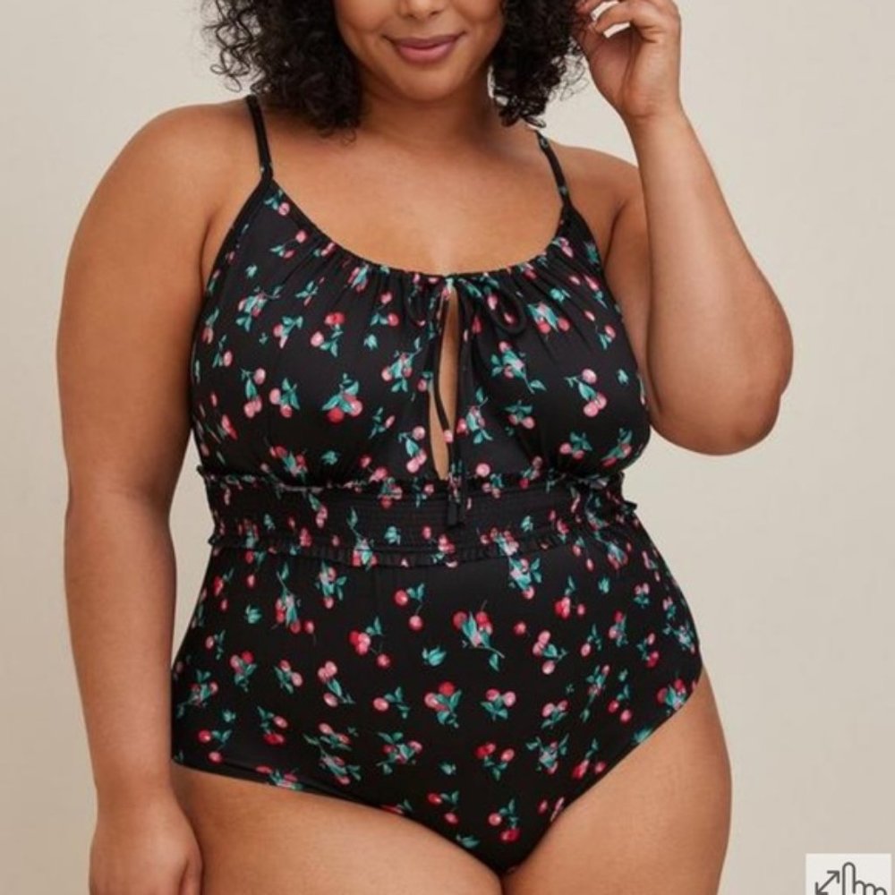 Bodysuit, Smocked Keyhole Bodysuit, Microfibre Cherries Black, Torrid, S…